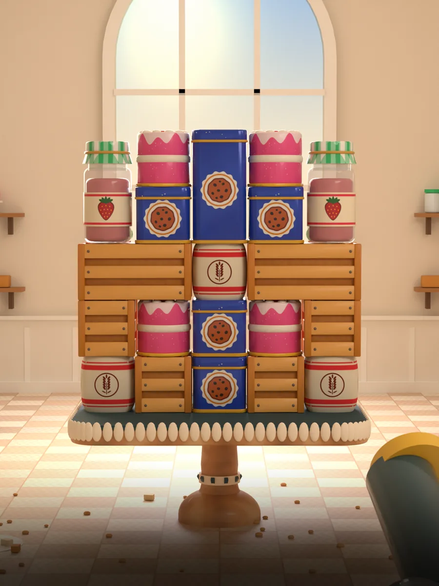 Jam jars, cake tins, biscuit tins and wooden crates stacked on a pedestal in a sunlit bakery