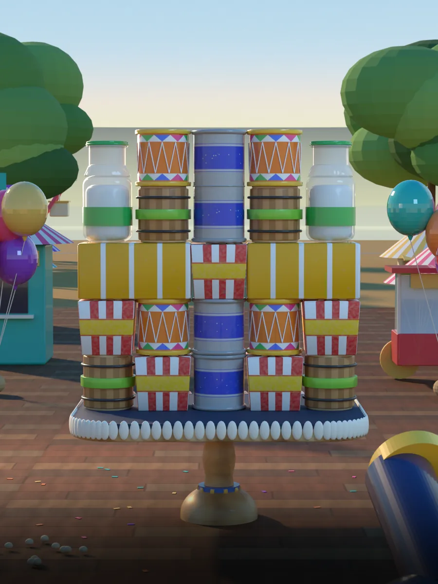 Striped popcorn boxes, tin cans, milk bottles and barrels stacked on a fairground table with balloons and booths behind