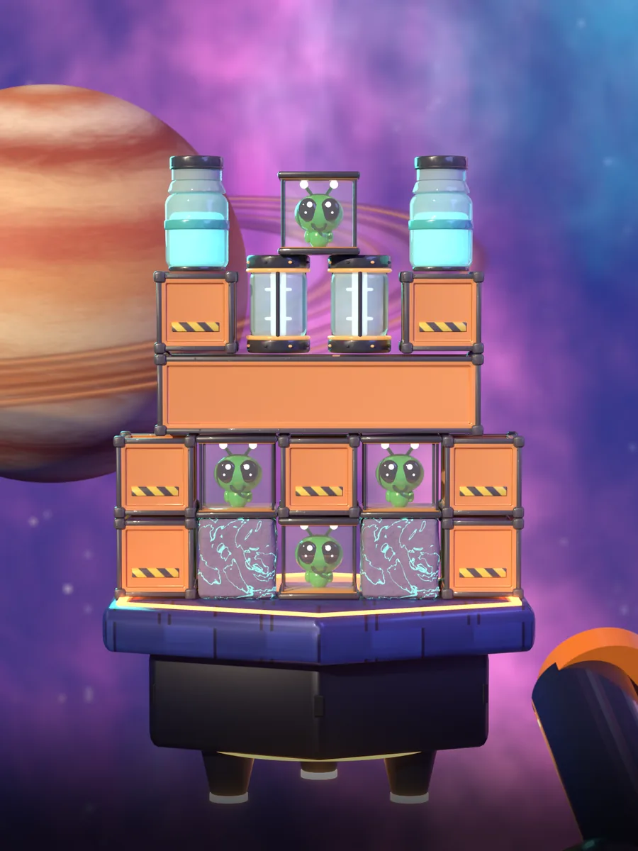 A tower of orange crates, glass bottles and jars holding small green aliens on a floating pad in front of a ringed planet